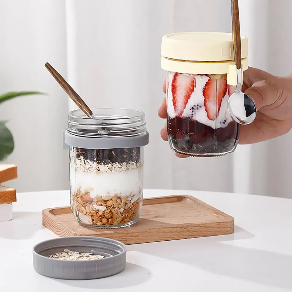 2Pcs 350ml Glass Oatmeal Breakfast Cups With Spoon Good Sealing Clear Scale Breakfast Bowls Overnight Oats Container Puddings