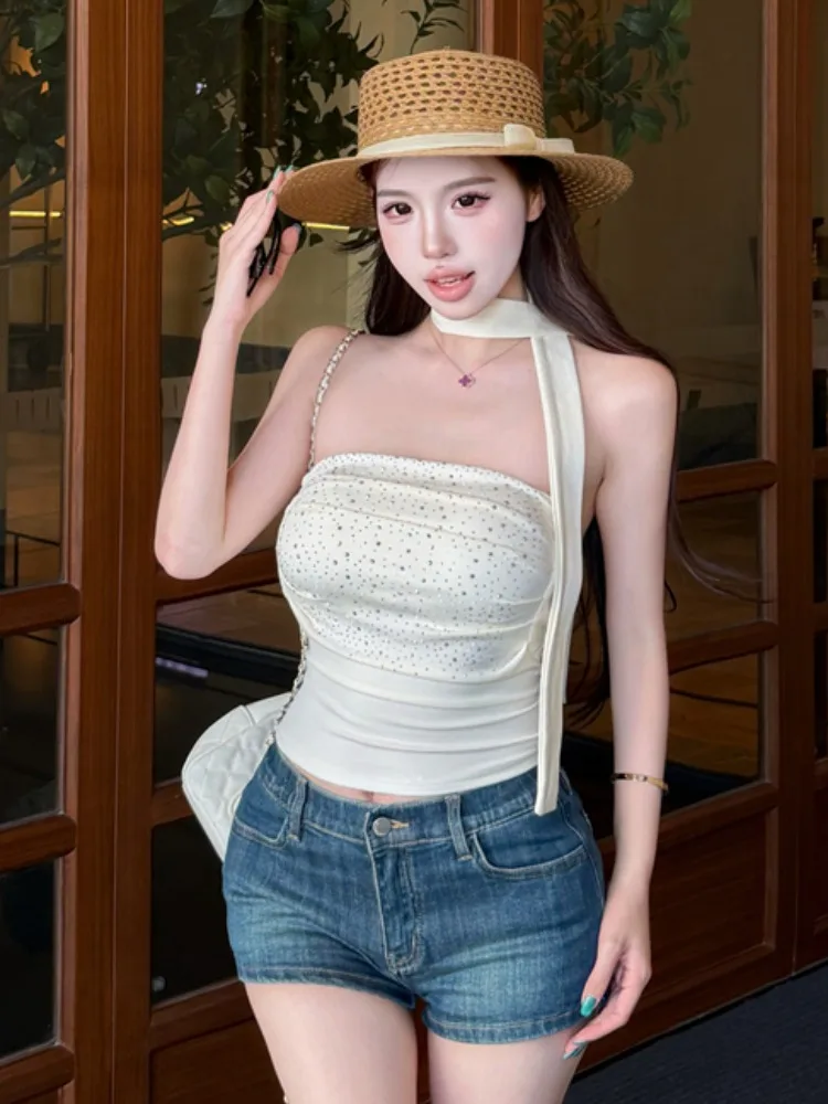 

Slim Fit Short Top with Sash Diamond Embellished One Shoulder Style for Women Summer New Style Trendy Girl Style Sleeveless Vest