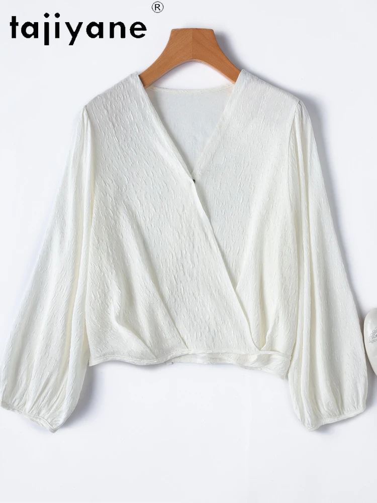 TAJIYANE 93% Mulberry Silk Blouse Woman Elegant Short V-neck Shirt High Quality Spring Summer Tops 2025 Luxury Clothes Блузка