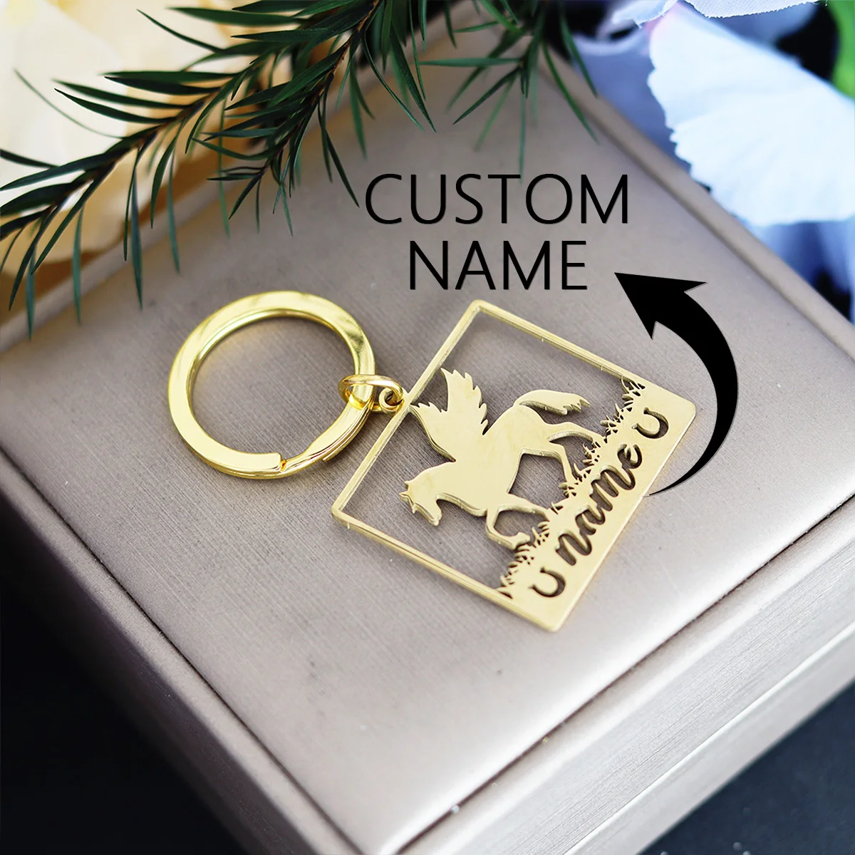 QIAMNI Customized Name Cute Horse Angel Wings Keychain Stainless Steel Metal Car Key Chains Engraved Nameplate Bag Keyrings Gift view 2