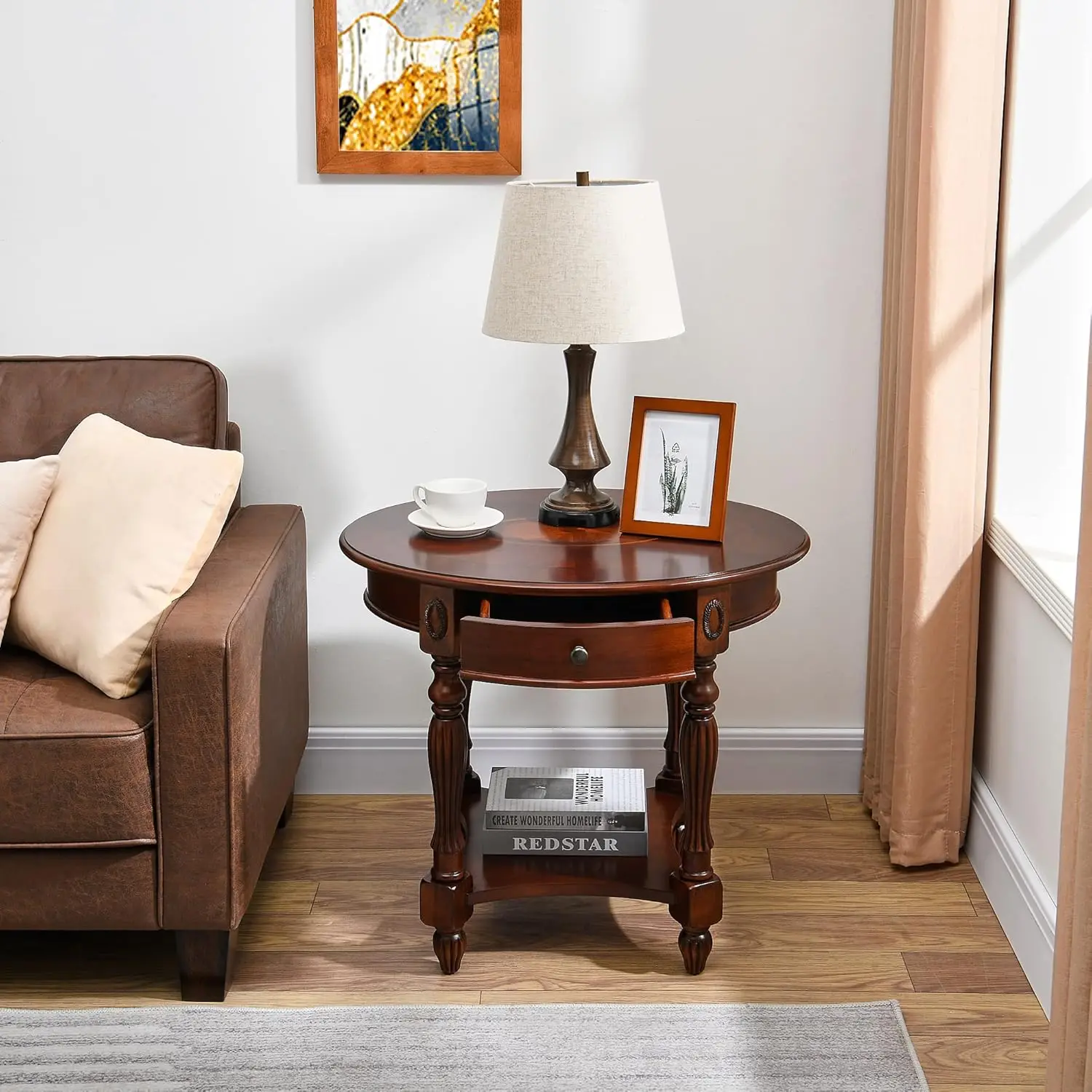 طاولة جانبية بيضاوية مستديرة، طاولة جانبية من خشب الكرز مع درج، منضدة فيكتورية، 28 بوصة عرض × 22 بوصة ارتفاعًا × 24.2 بوصة ارتفاعًا