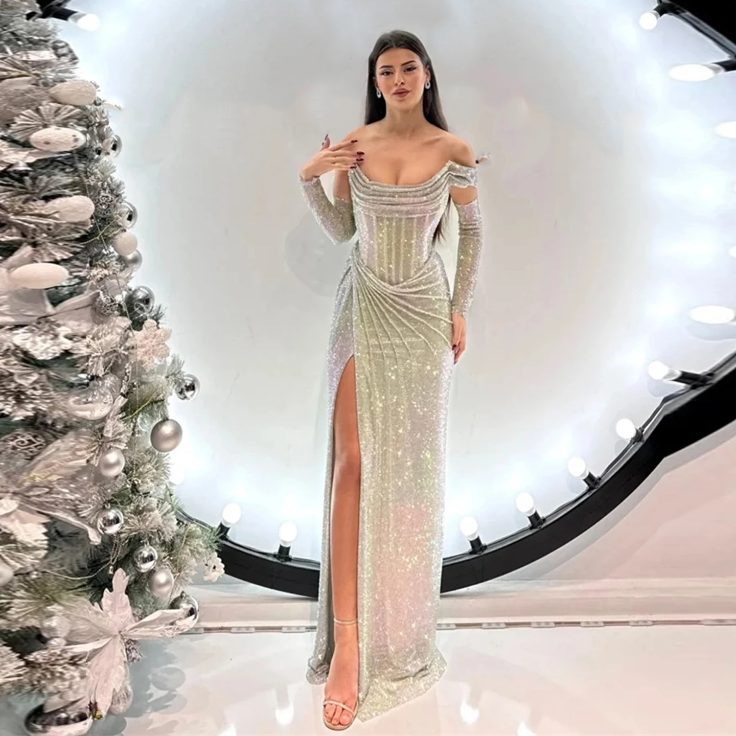 

Sparkly Off the Shoulder Evening Dress Silver Sequin High Side Slit Prom Dress for Wedding Party Dress Floor Length Formal Dress