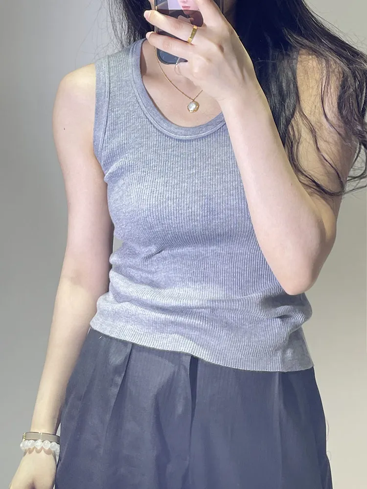 

Spring Summer New Knitted Vest Women U-Ne Svel Slim Fit Elastic Slimming Versatile Conceals Side Breast Casual Base L...