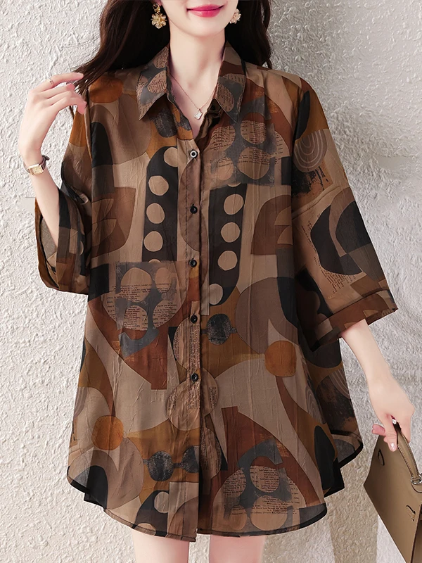

Summer 2026 plus Size Women's Chiffon Shirt Vintage Print Loose Slimming mid Sleeve Large Size Top Casual Wear Daily Use