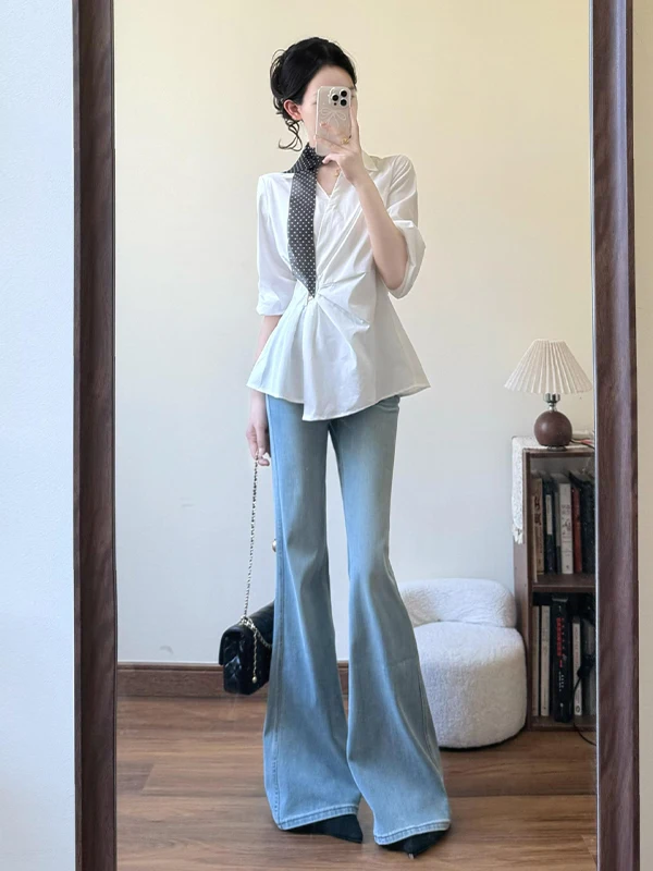 

Elegant White Slim Fit Shirt for Women with Waist-Cinching Long Sleeves Asymmetrical Design Turn-down Collar Fashionable Yout...