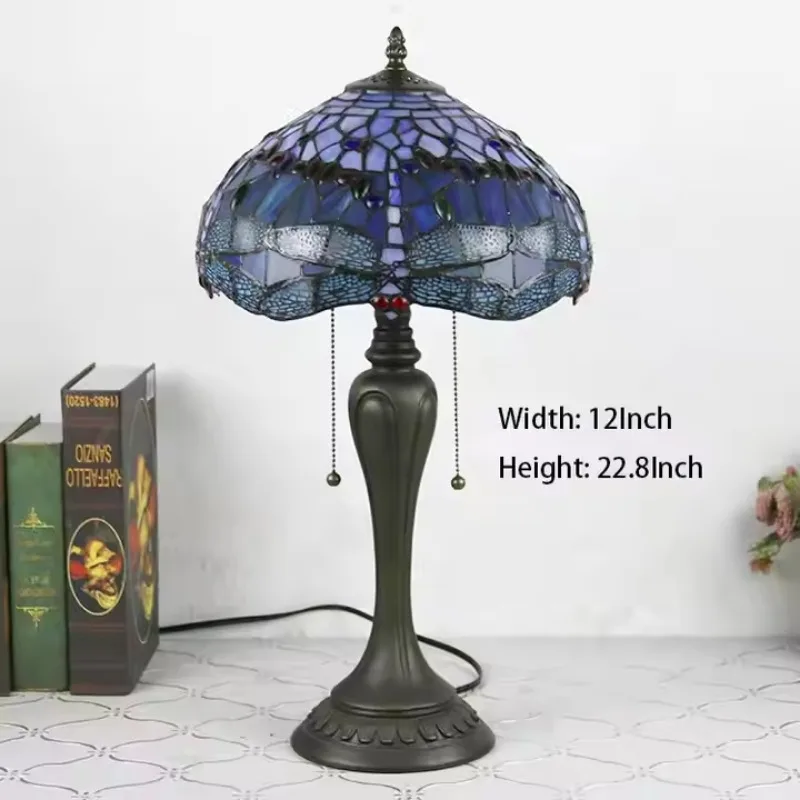 12inch European Pastoral Retro Tiffany Stained Glass Table Lamp with Colorful Dragonfly Pattern Shade Lighting Restauran