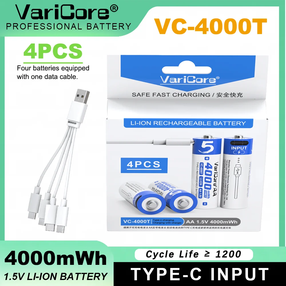 

VariCore VC-4000T USB-кабель Цветная коробка 4 шт. AA 1,5 В 4000 МВтч Тип-C Литиевая батарея для быстрой зарядки для мыши, игрушек и т. д.