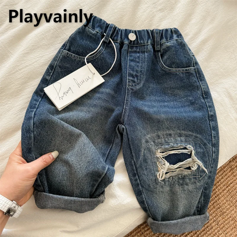 

Korean Style Kids Boy and Girl Straight Leg Casual Denim Pants Elastic Waist Blue Ripped Jeans Autumn Children Trousers A70001