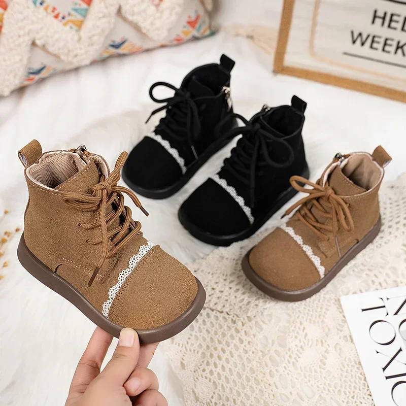 New Children Ankle Boots Soft Bottom Leather Boots Round Toes 2026 Girls Short Boots Sweet Lace Side Zip Kids Autumn Size 22-30