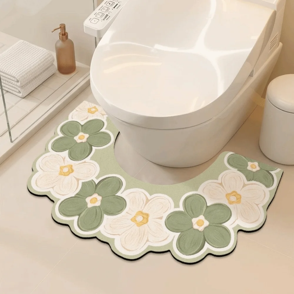 Foot Pad Anti Slip Toilet Mat Quick Drying Floral Pattern U-shaped Floor Mat Decoration Water Absorbing Bathroom Mat Living Room