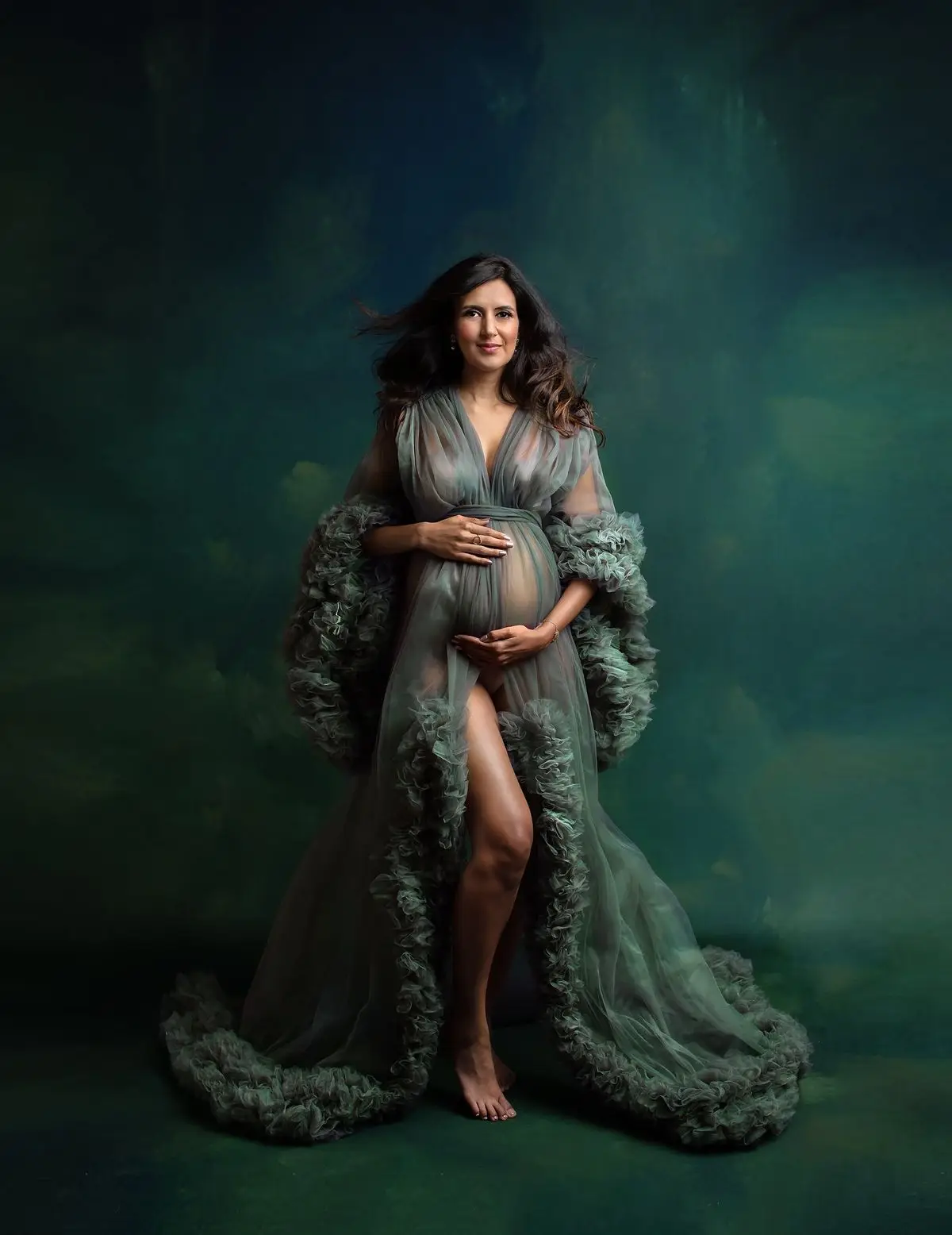 Classic Style Multi-layered Long Sleeve Open Front Maternity Dress for Photoshoot or Babyshower Party Gown for Pregnant Women