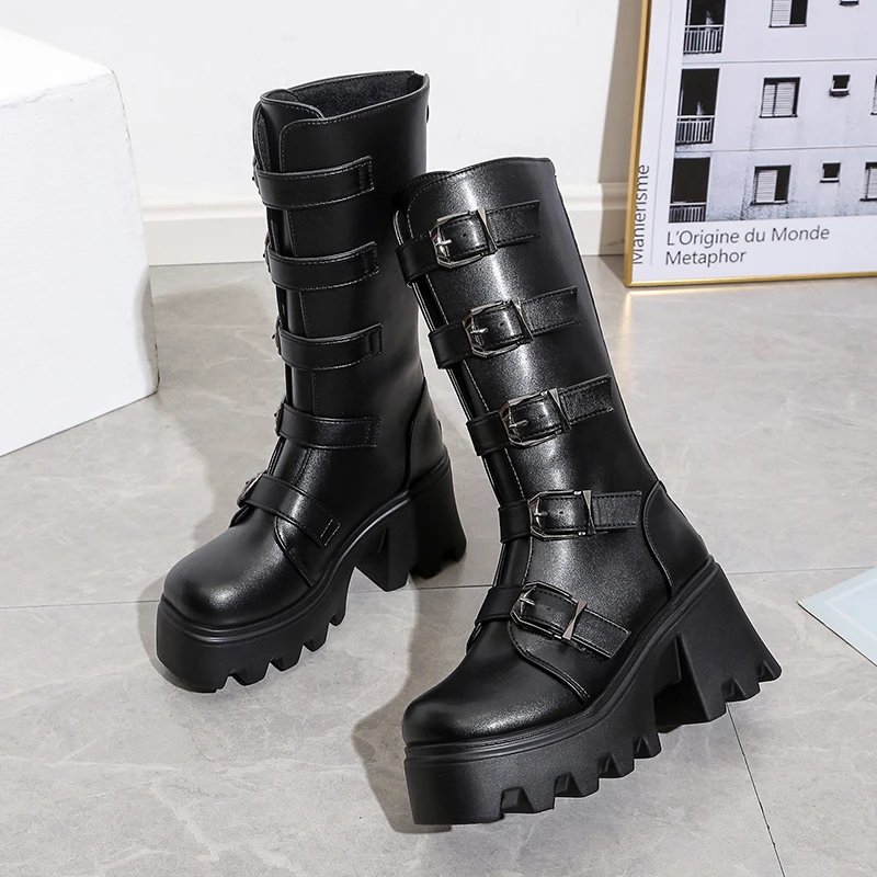 Five Row Belt Buckle Square Toe Hollow Thick Heel High Rise Shoes Back Zipper Plush Inside Mid Calf Boots For Punk Style Women