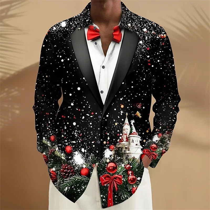 3D printed men's Santa Claus pattern long sleeved shirt, casual button down shirt, men's Christmas gift top