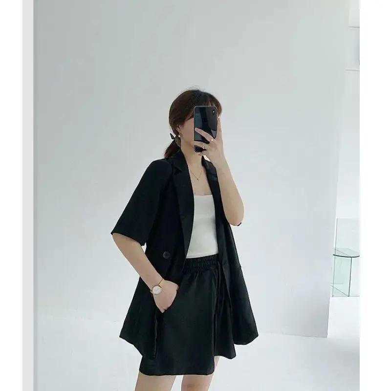 Women's Summer New Casual Short Sleeved Blazers Jacket Matching Set Korean Loose Fashion Professional Suit Coat+Shorts Two Piece