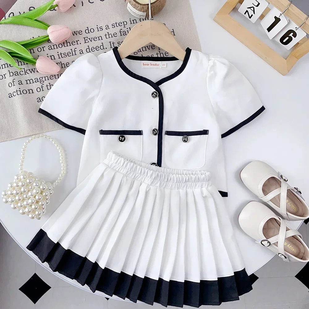 New Girls' Set Fashion Girls Summer Academy Style Short Sleeve Top+Pleated Skirt 2 Pieces Children's Clothing