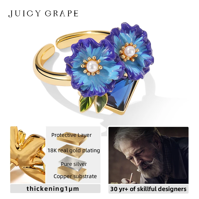 Juicy Grape Orchid Flower Ring for Women Enamel Flower Rings for Women 18K Gold Handmade Enamel Elegant Ladies Jewelry Rings