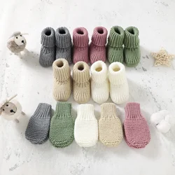 Baby Shoes +Gloves Set Knit Newborn Boy Girl Boots +Mitten 0-18M Toddler Infant Clothes Accessory Cute Solid Color 2PC Handmade