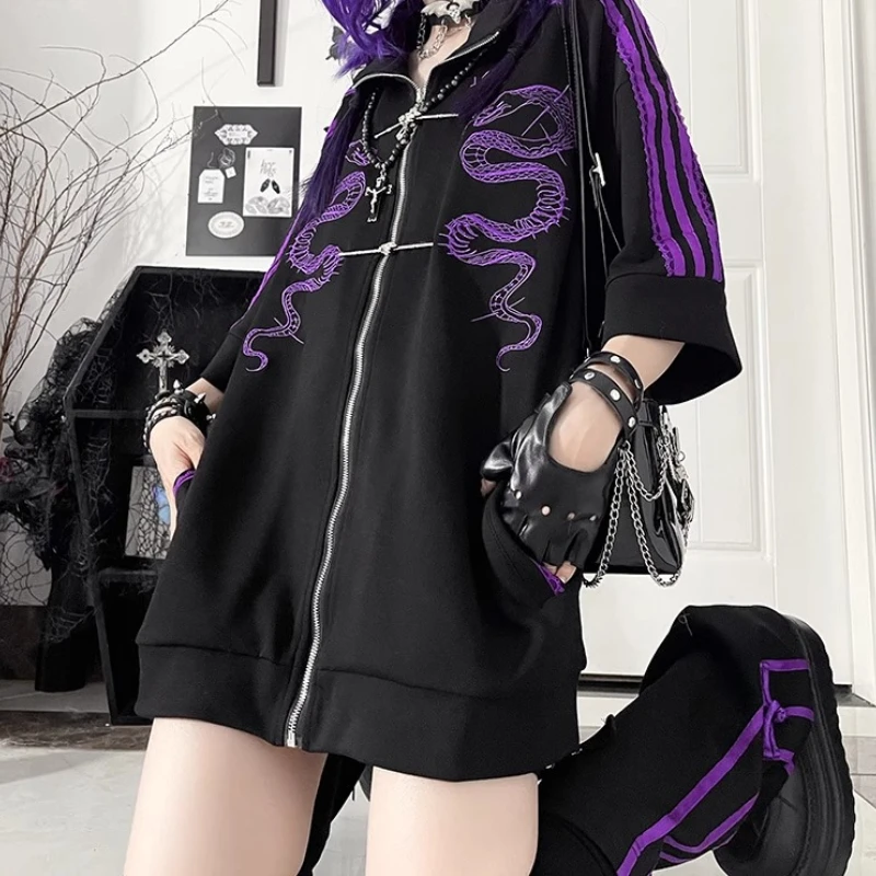 Y2k Subculture Gothic Black Short Sleeve Hoodies Summer New Harajuku Girls Sweet Cool Heavy Industry Embroidered Loose Tops