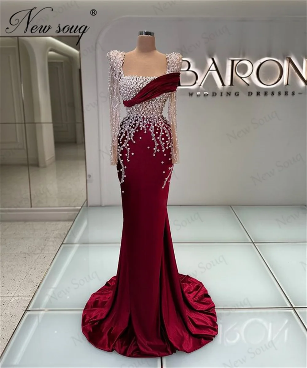 Simple Burgundy Beaded Cocktail Dresses 2025 Customized Long Sleeves Wedding Party Dress Pearls Evening Dresses Vestido Blanco