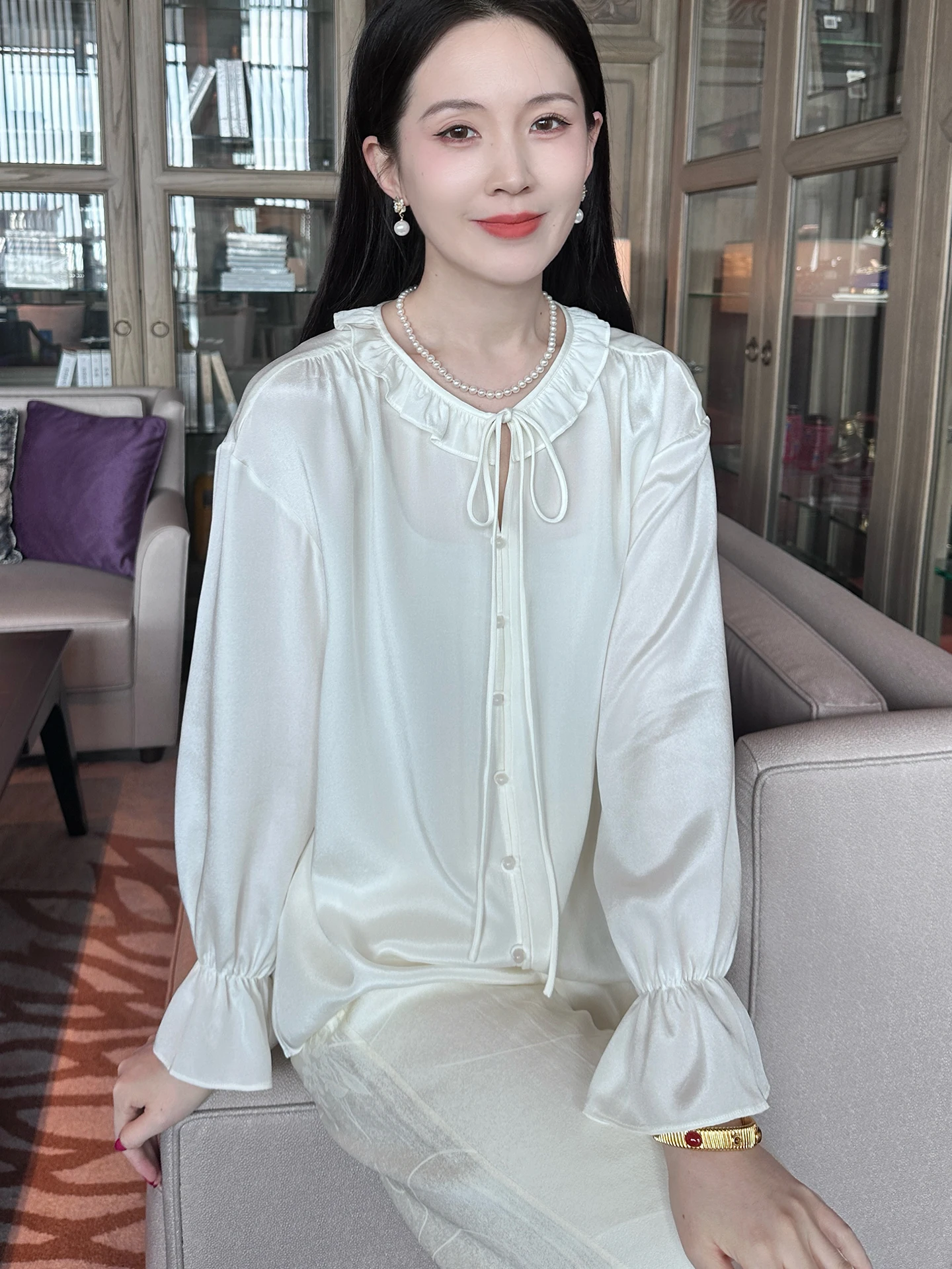 

Женский топ Xu Beiting из китайского шелка, плотный, эластичный, плиссированный, 22 момме, с воротником-стойкой, модный