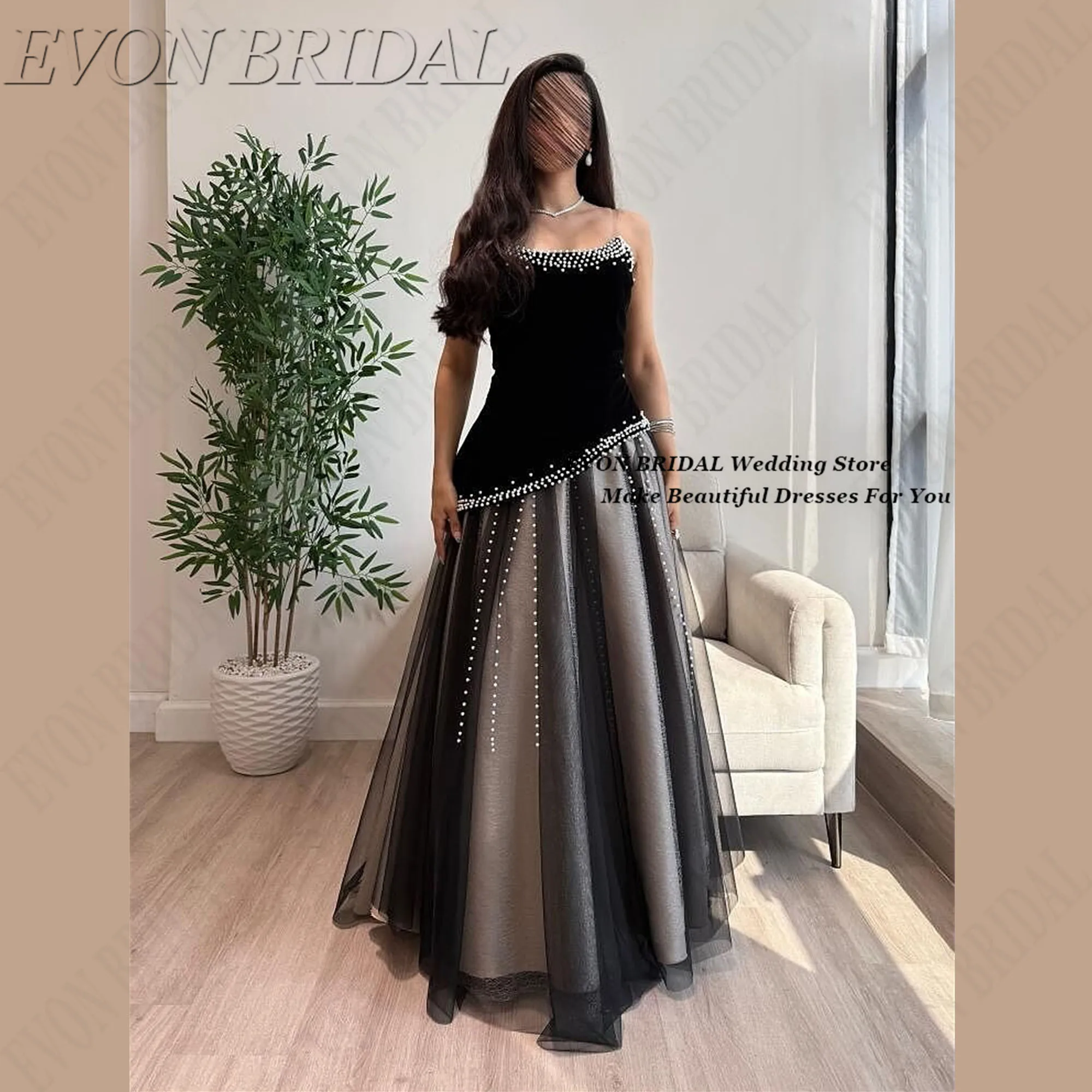 Luxurious Black Evening Dresses Tulle Vintage Pearl Formal Occasion Gown Customized Sleeveless Long Gala Party Dress EVON BRIDAL