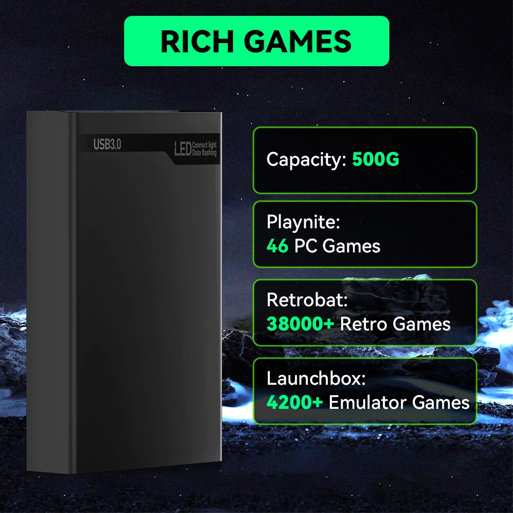 500G Game Hard Drive With 38200+ Retro/PC Games Plug&Play Gaming HDD With Emulators For PS3/PS2/Switch/MAME/XBOX/WII For Windows