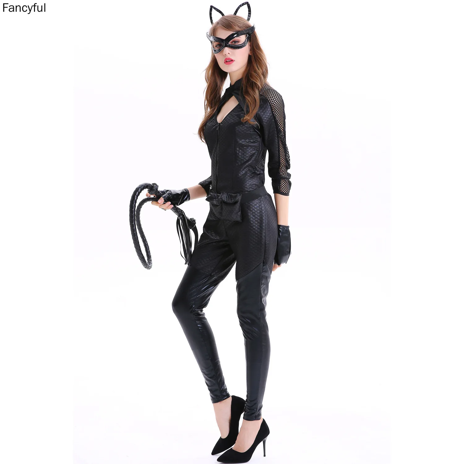 Trajes de Halloween para mulheres, Cosplay Cat, Girl Costumes, Couro Sexy, Máscara PU, Interpretação de Papéis Femininos, Conjunto de luvas