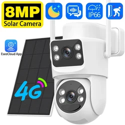 HD 8MP 4K Dual Lens 4G Sim Wireless Solar Camera Security Surveillance IP Camera Two Screens PTZ Battery CCTV Cam Eseecloud app