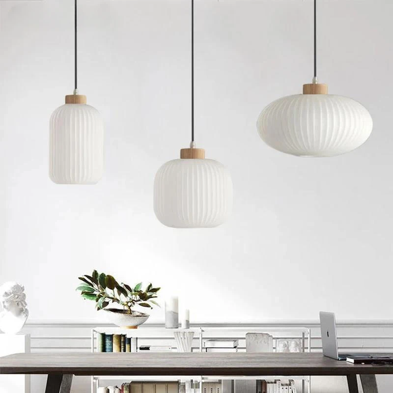 

White Glass Lighting Fixture Home Decor Kitchen Bedroom Dinning Room Pendant Lights Nordic Wooded Hanging Lamps