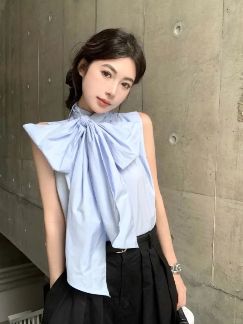 Chic Women French Style Complete Outfit Bow Sleeveless Top Wide Leg Pants Temperament Set