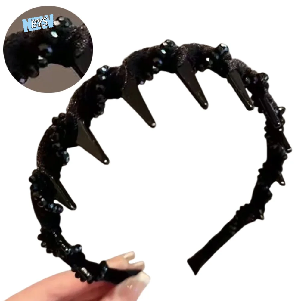 

Toothed Wave Headband with Beaded Korean Style Headwear High Cranial Top Headband Elegant Elasticity Face Wash Hairband Student