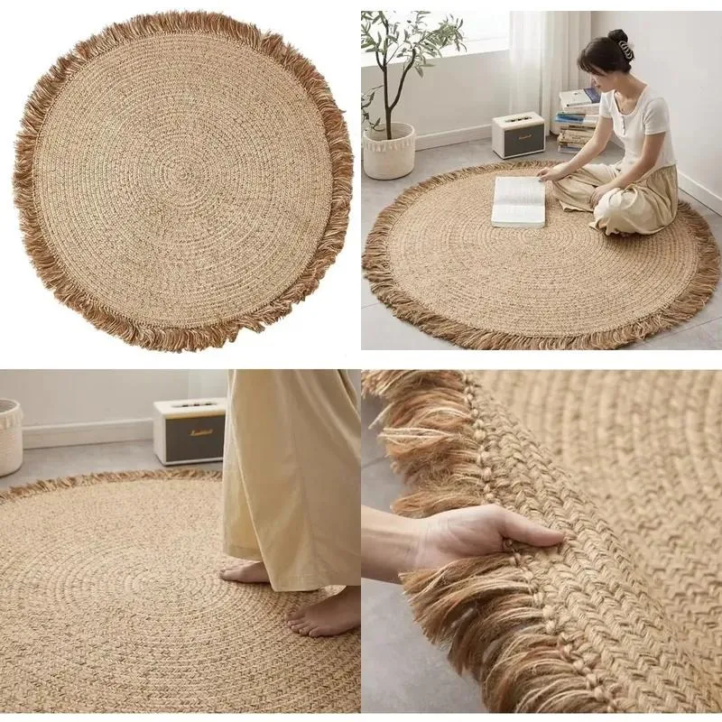 Hand Woven Jute Area Rug Luxury Thick Round Carpet with Fringed Tassel