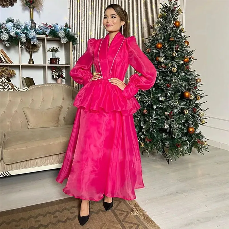 

Modern Arabic Dubai Prom Dresses Puffy Sleeve Ankle Length Formal Event Party Gown Tiered Womens Long Dress 2024