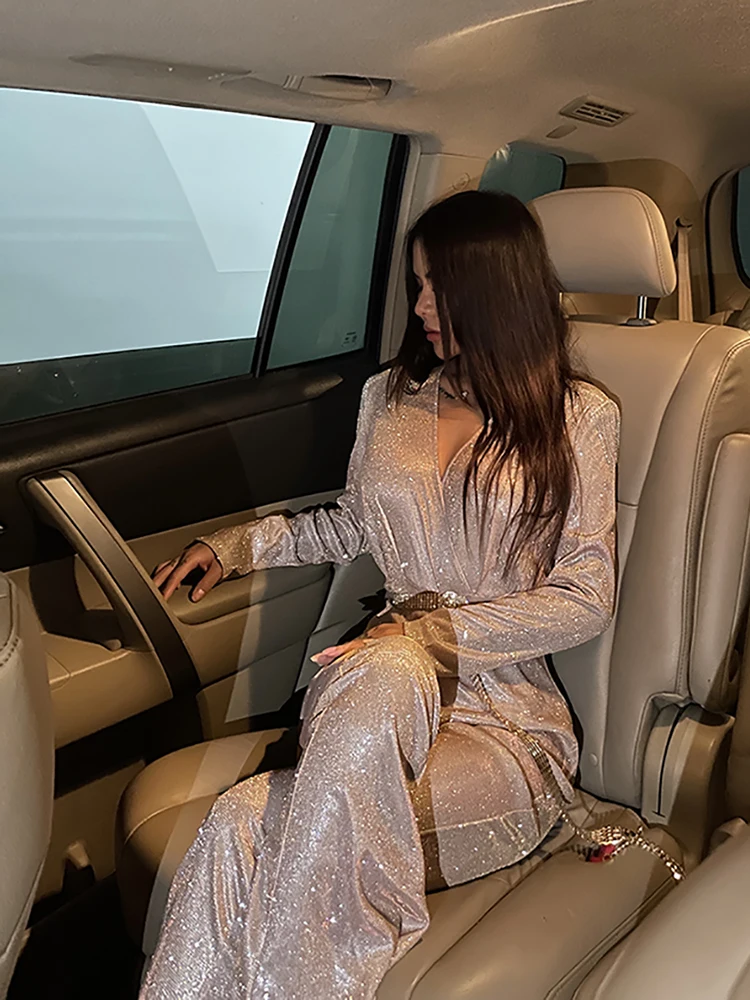 Tuta con paillettes di nuova moda per donna 2025 maniche lunghe scollo a V drappeggiato pagliaccetti autunnali celebrità festa serale club generale