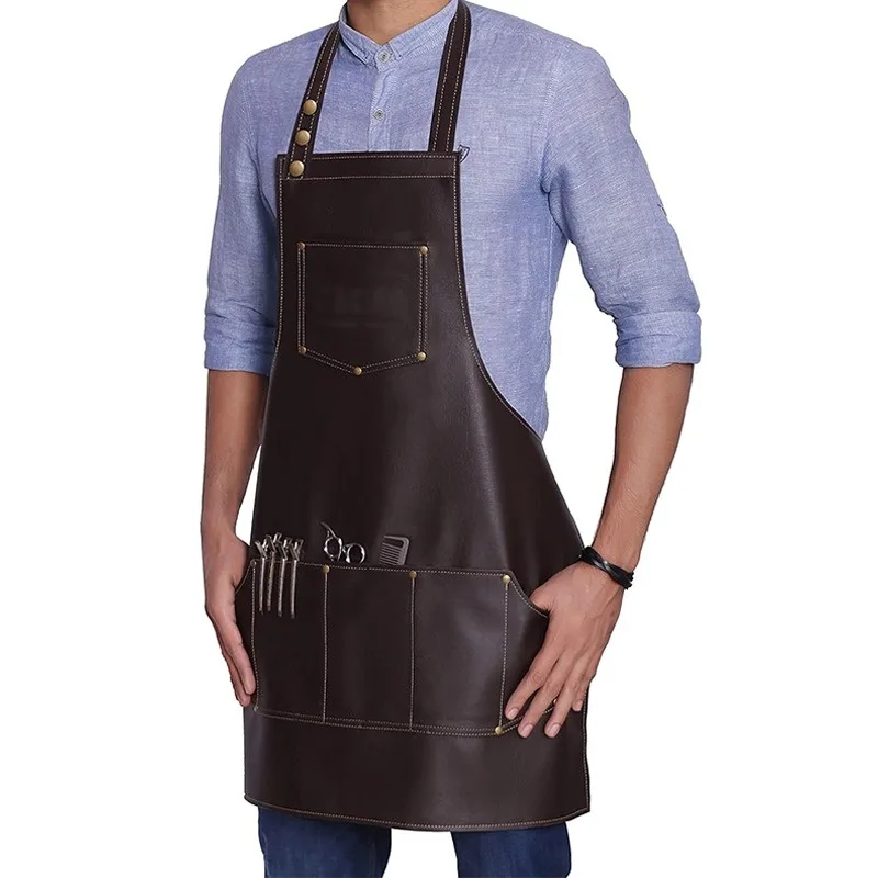 

PU Leather Apron Hanging Neck Waterproof Resistant Multi Pocket Workwear Apron Barber Coffee Shop Kitchen Work Clothes Apron