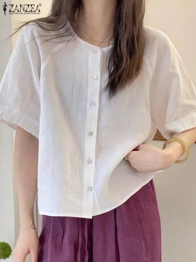 ZANZEA Summer Shirts Women Loose Cotton Tops 2025 Fashion Tunic O Neck Short Sleeve Femininas Casual Buttons Tunic Oversized