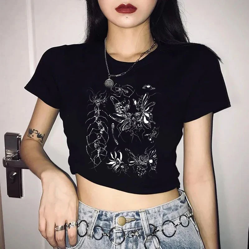 

Hip Hop Y2k Streetwear Retro Crop Top Harajuku Aesthetics Gothic Women Summer T-Shirt Casual Creative Comic Pattern Printing Tee