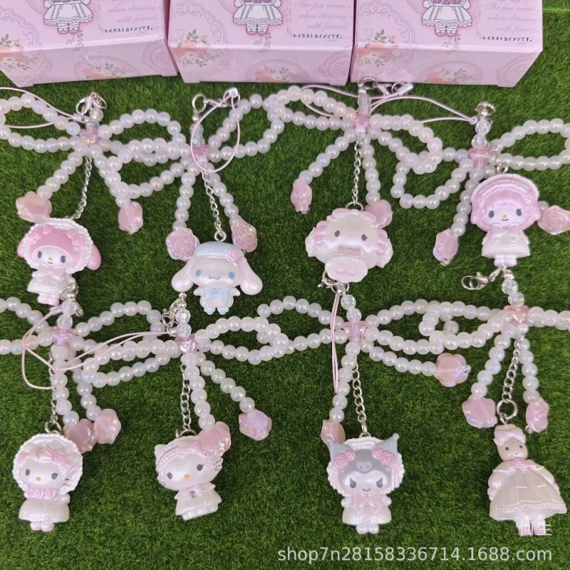Figurines Sanrio en boîte mystère, série nœuds perlés, figurines d'anime mignonnes, Hello Kitty, My Melody, Kuromi, pendentifs, objets de collection