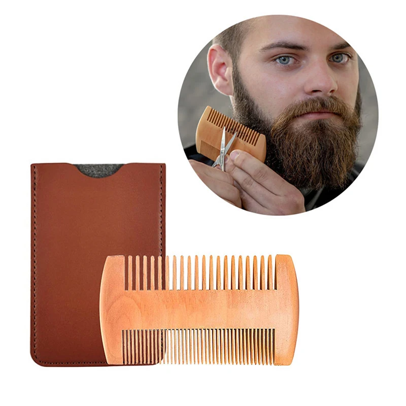 Natural Wood Hair Brush Beard Comb with PU Leather Case Anti-Static Mustache Pocket Comb Brushing Hair Care Tools for Men Gift