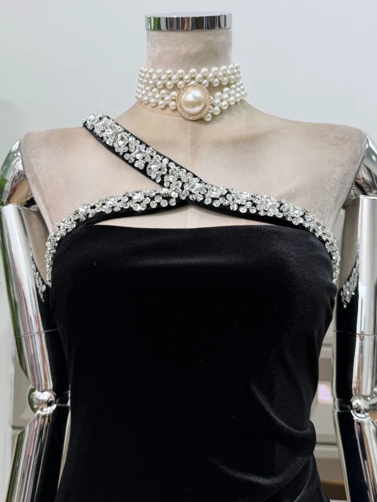 DFDG Women’s One Shoulder Strapless Velvet Dress Sexy Elegant Slimming Bodycon Evening 2025 Spring Summer Holiday Party dress