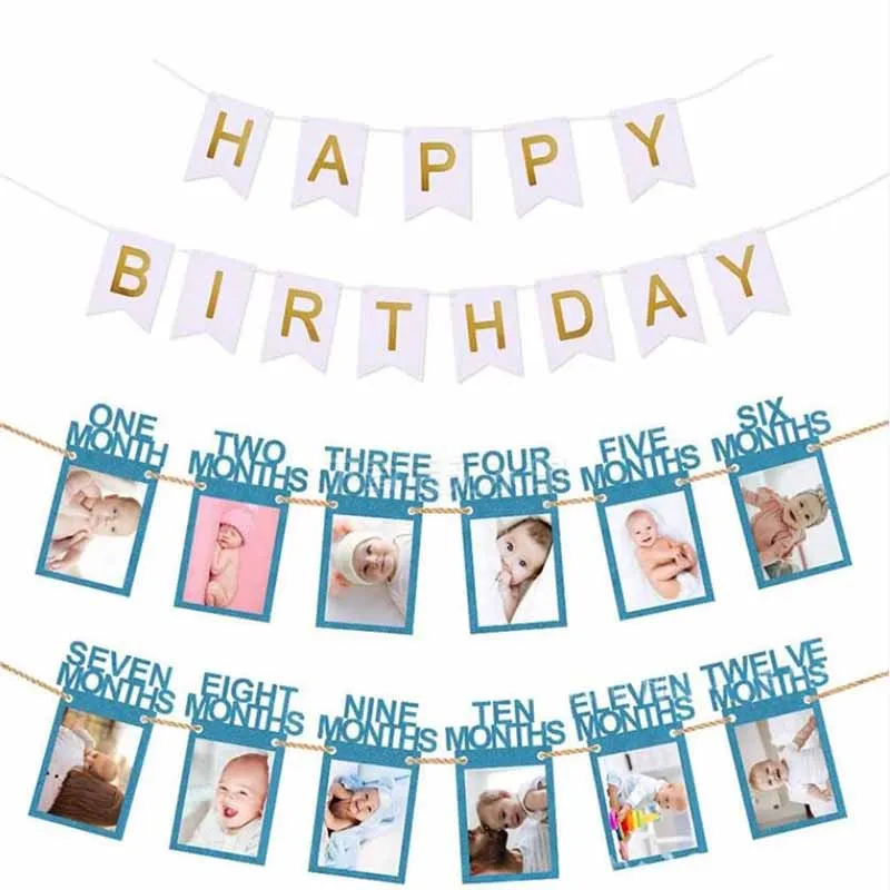 Baby-Fotobanner zum ersten Geburtstag, 1–12 Monate, Foto-Requisiten, Junge, Mädchen, Fotografie, Wimpelkette, Girlande, Babyparty, Partydekoration – Detail 20