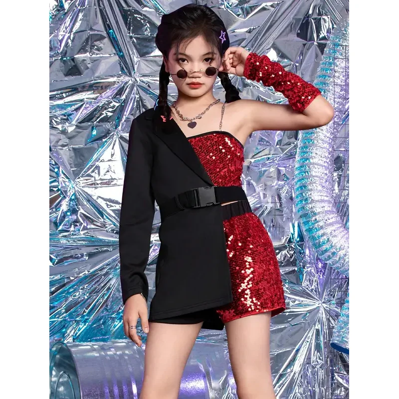 

ZZL K-PoP Одежда для девочек, расшитый блестками джазовый танцевальный костюм, комплект детской подиумной моды, крутые джазовые танцевальные костюмы для девочек