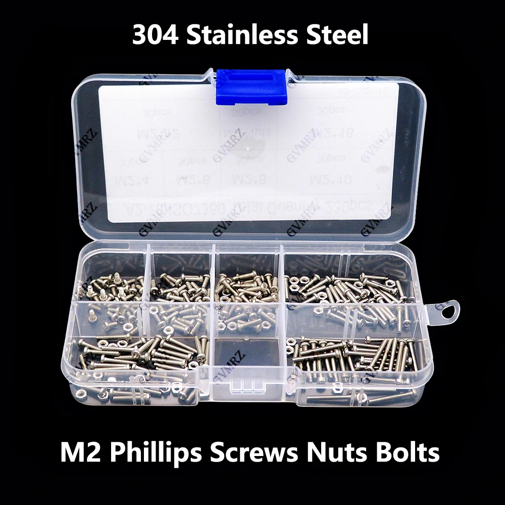 230pcs 304 Stainless Steel M2 Phillips Screws Nuts Bolts  Button Head cap screw set Assortment Kit small screws Kit Storage Box