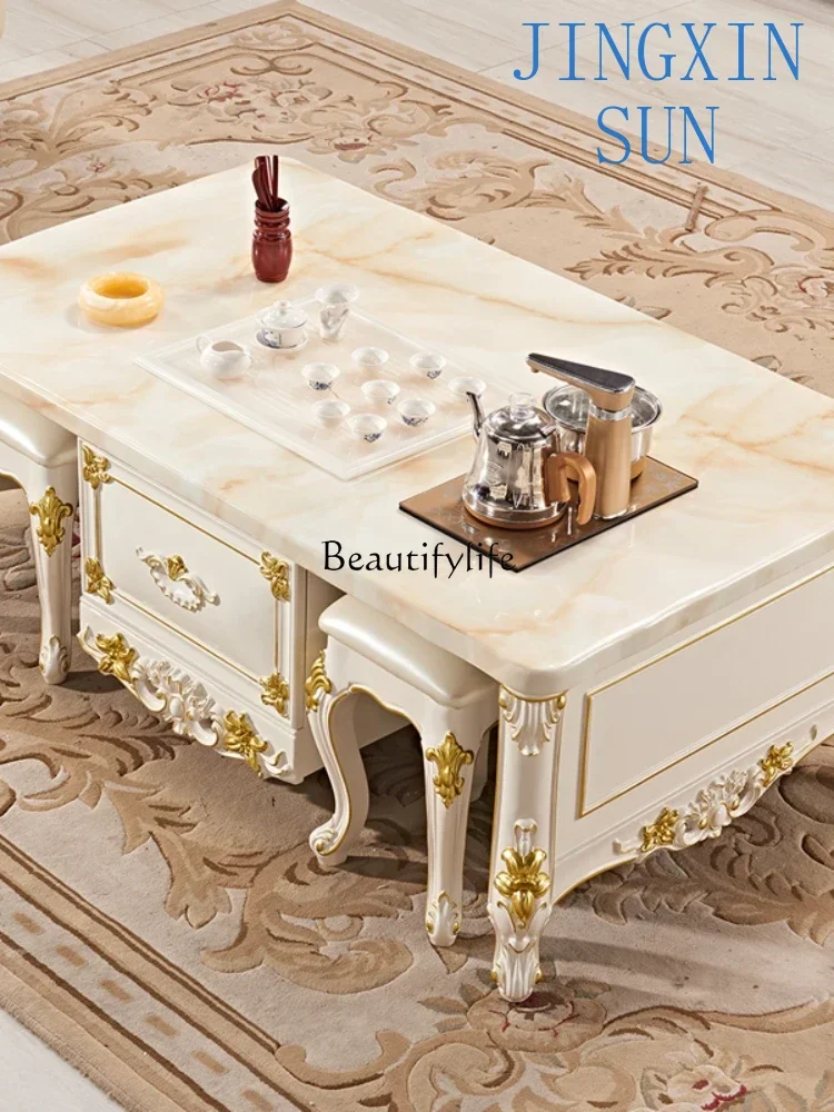 European style living room marble rectangular office coffee table white kung fu tea table solid wood