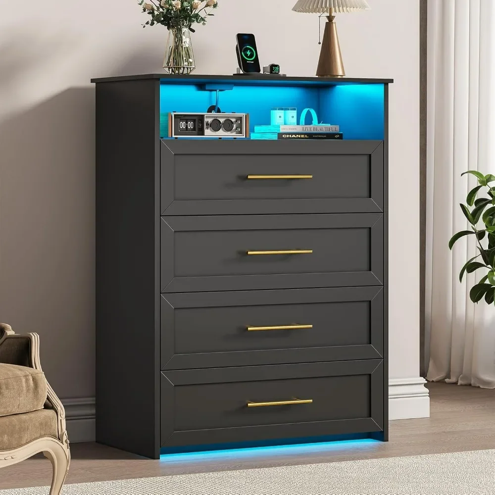 

Black Dresser with LED Lights and Charging Station, 40'' Tall Dressers for Bedroom with Open Storage, Chest of 4 Drawers