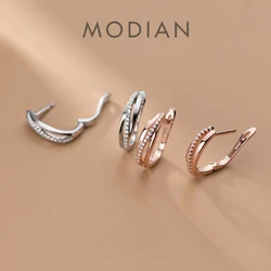 Modian 100% Real 925 Sterling Silver Clear CZ Geometric Twist Of Fate Hoop Earrings for Women Korea Style Fine Jewelry Brincos