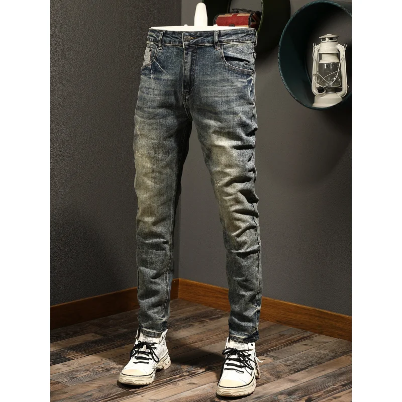 Осень 2021, мужская одежда, элитные джинсы в стиле ретро, мужские прямые повседневные уличные ностальгические эластичные облегающие джинсовые брюки