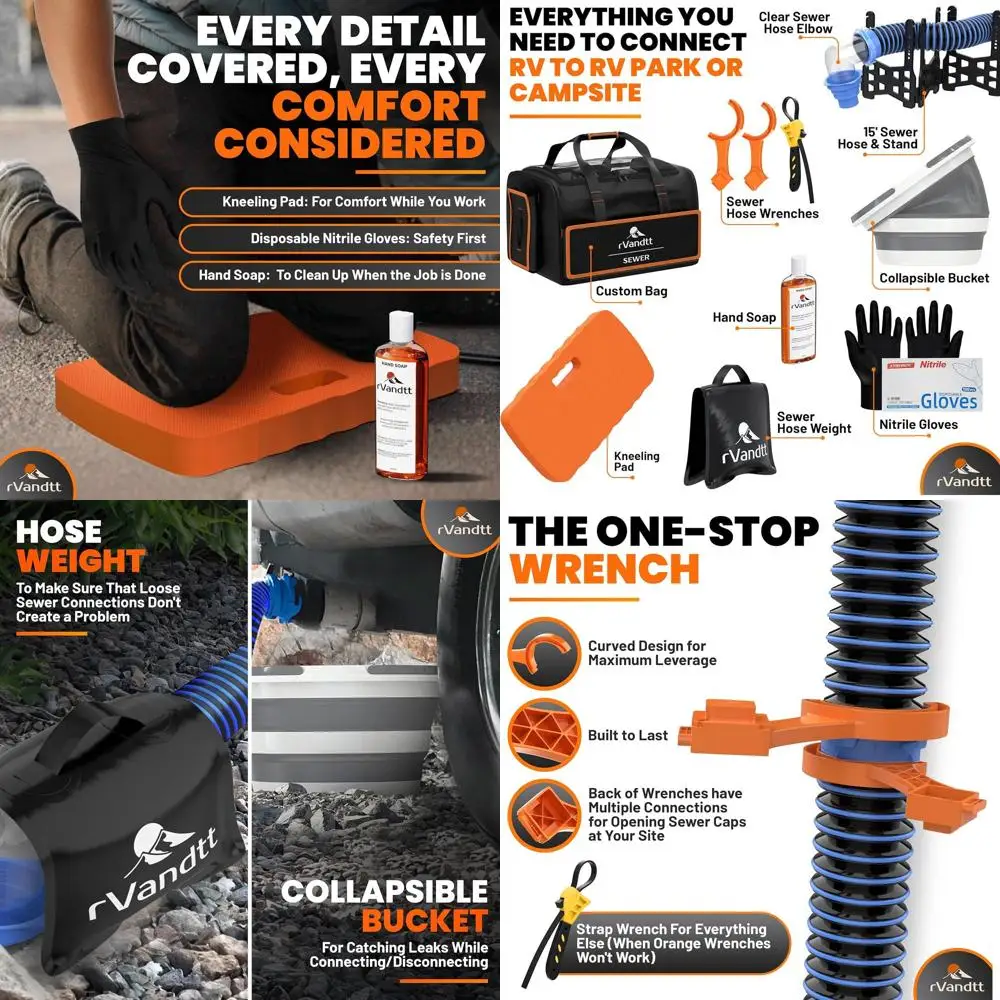 

RV Sewer Accessories Kit - 15ft Sewer Hose w/4in1 Adapter, Stand, Collapsible Bucket, Nitrile Gloves, Hand Cleaner, Wrenches, Kn