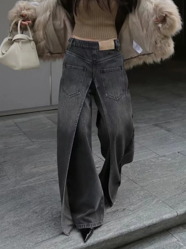 BKQU Spliced Design Jeans Women Hip Hop Baggy Wide Leg Denim Pants Trendy Vintage High Waist Fake Two-piece Jeans Trousers Y2K