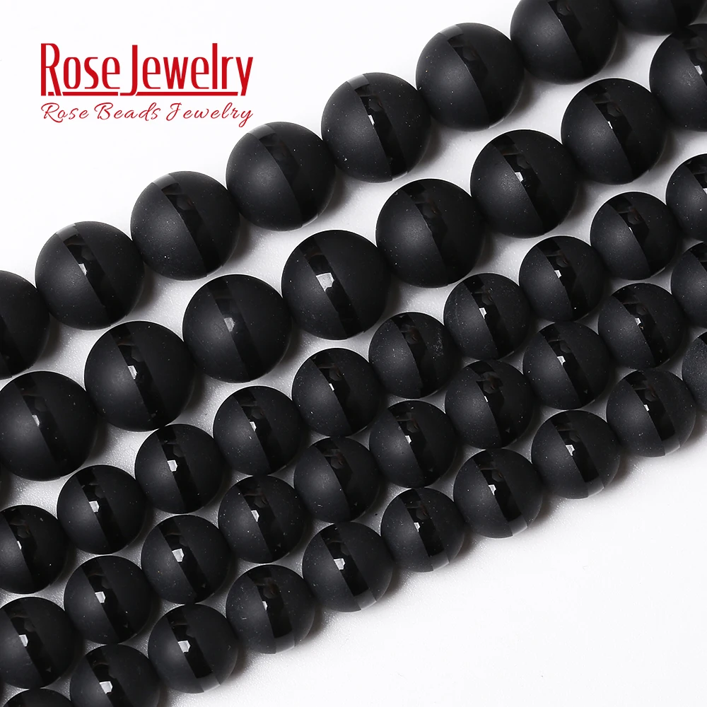 Natural Matte Black Agates Stone Beads With Black Line Stripe Round Loose Beads For Jewelry Making DIY Bracelets 15